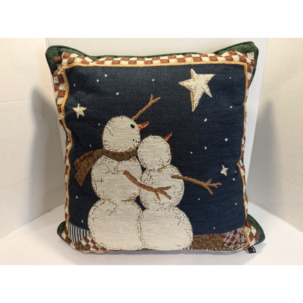 Newport Snowman Tapestry Throw Pillow Winter Holiday Starry Night Green 15x15
